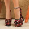 New Design Print Flower Peep Toe Platform Women Pumps Sexy Fetish Super Stiletto High Heels Stripper Wedding Shoes