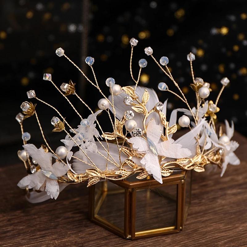 Fashion Gold Wedding Butterfly Headband Bohemian Headpiece Crystal Pearl Hair Vine Flower Halo Bridal Hair Accessories