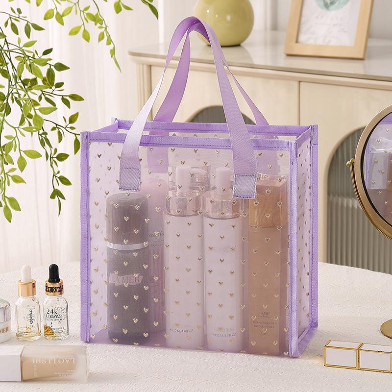 Black Mesh Heart Pattern Tote Bag - Light,Breathable for Travel & Beach with Double Handles, Makeup Storage, Oversized Beach Bag