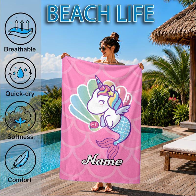 Custom Name Unicorn Dreams Art Beach Towel Microfiber Beach Towel, Lightweight and Quick-Dry, for Summer Travel, Swimming Pool Gift