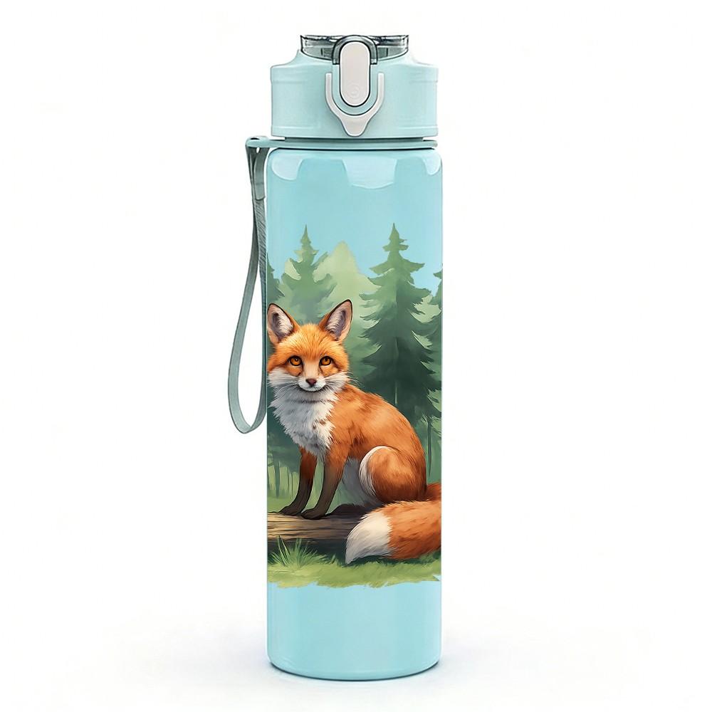 1PC Forest Fox Illustration Print 750ml Color Plastic Sports Water Bottle Leakproof Flip Straw Lid Suitable for Sports Office Home Use