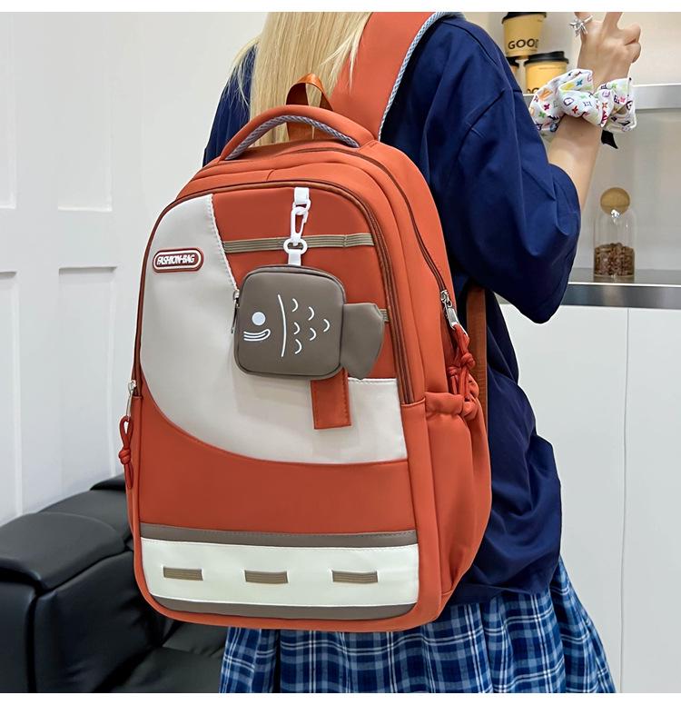 Large Capacity Color Block Student Backpack with Small Fish Pocket - Wear-Resistant Casual Design
