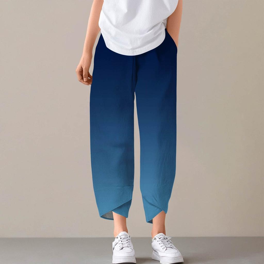 Pants For Women Summer Casual Wide Leg Elastic Waist Print Pants With Pockets