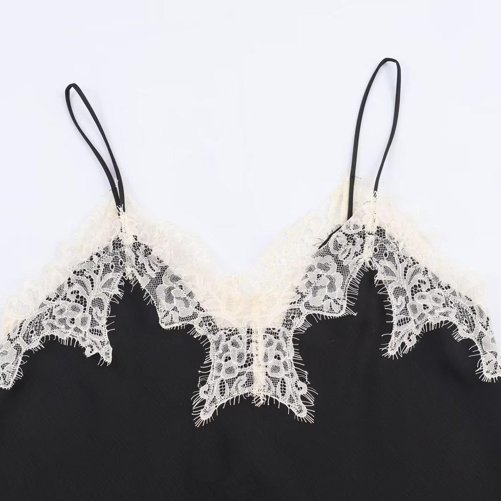European-American Style Women's Satin Lace Camisole - Autumn 2025 Collection, Color Block Design