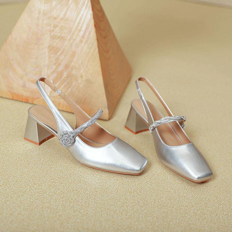 Baotou Sandals Summer Mary Jane Single Shoes Medium Heel Silver Thick Heel with High Heels