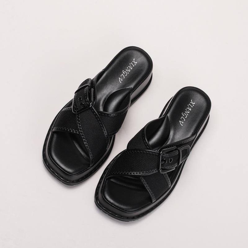 Retro fashion square head slippers women's new versatile belt buckle muffin thick bottom comfortable height-increasing one-word slippers