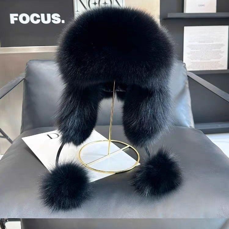 Fashionable Fake Fox Fur Winter Ski Hat with Ear Protection Outdoor Women Bomber Hats