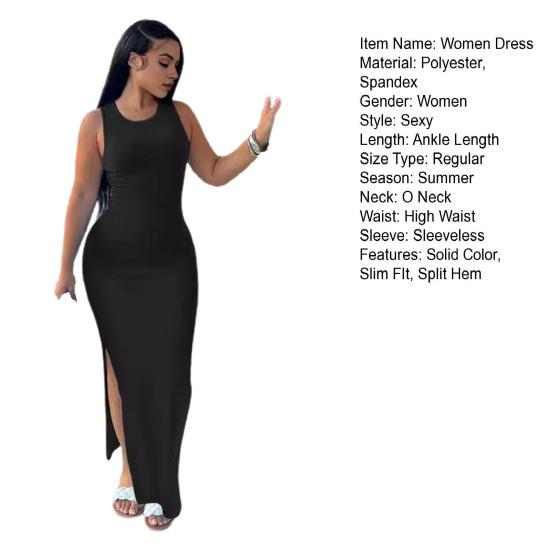 Summer Women Dress Sleeveless Split Hem Solid Color O Neck Elastic Sheath High Waist Ankle Length Skinny Solid Color Party Club Maxi Dress