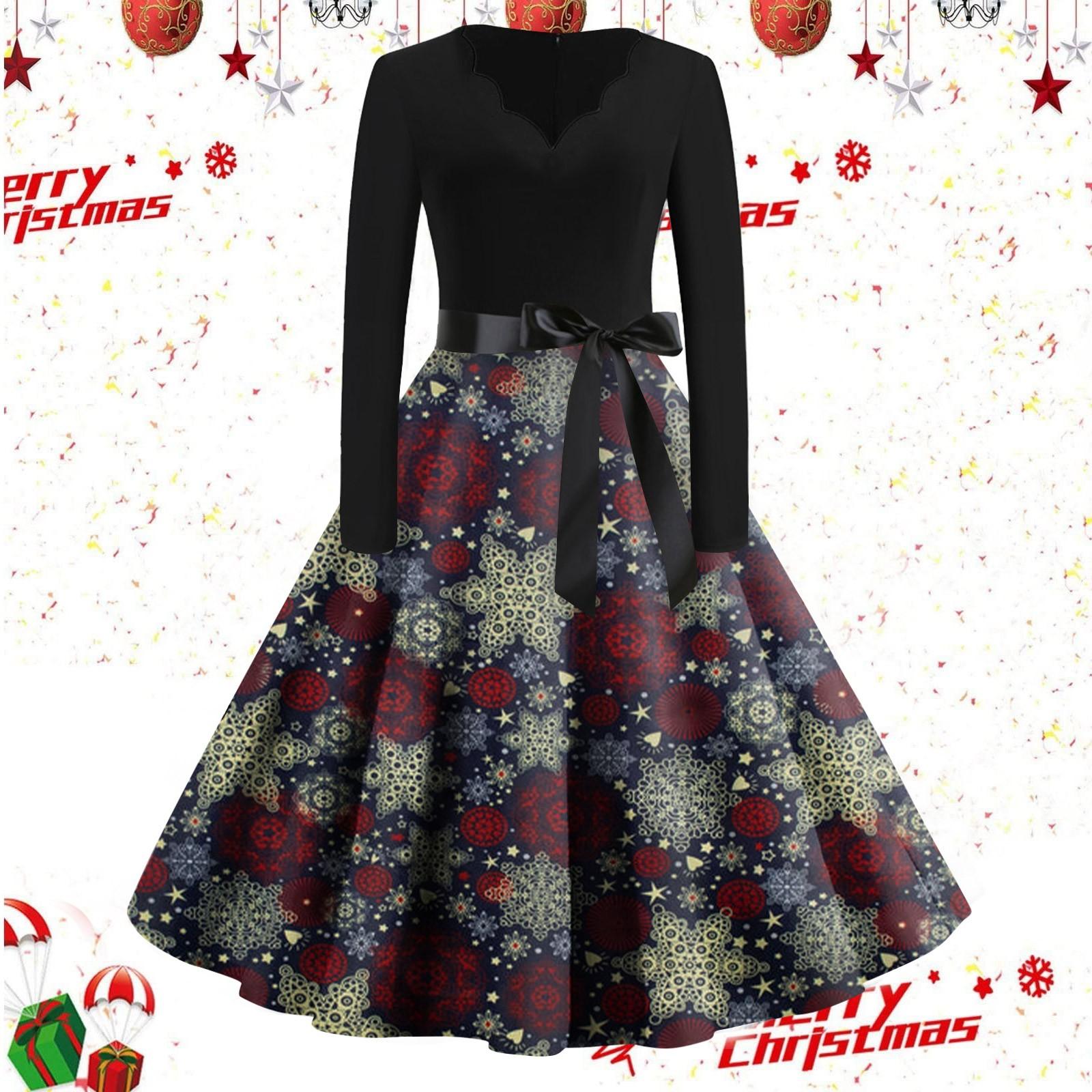 

Женские повседневные модные винтажные длинные платья с длинным рукавом с рождественским принтом XL винный