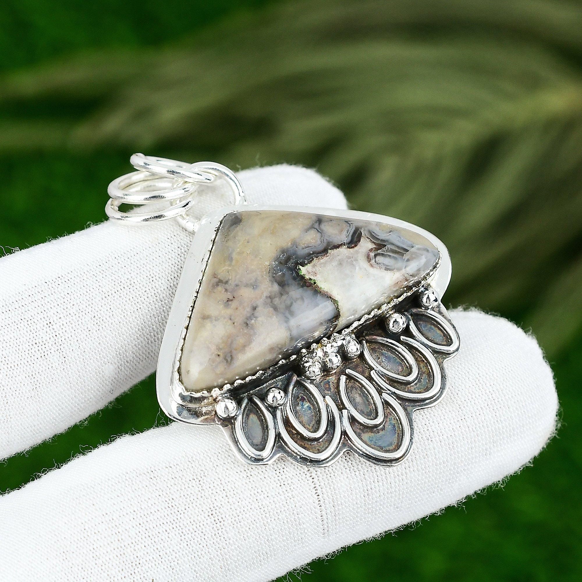 

Trillion Porcelain Jasper Gemstone Bezel Trendy Pendant Jewelry Sterling Silver