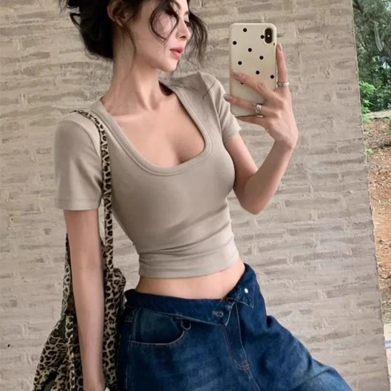 Women's U-Neck Slim Fit Crop Top Short Sleeve T-Shirt
