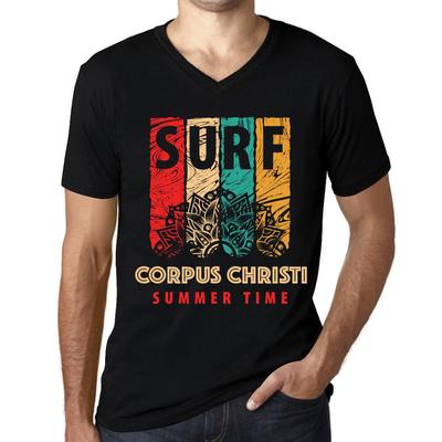Męski T-shirt Vintage z Graficznym Nadrukiem T-shirt z Dekoltem V Surf Lato CORPUS CHRISTI Głęboka Czerń