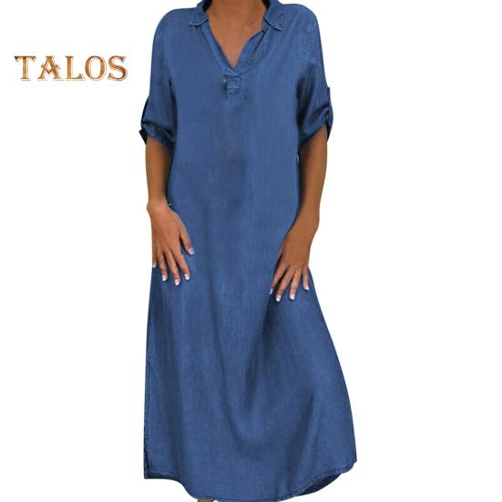 Fall Spring Lady Dress V Neck Loose Short Sleeves with Cufflink Split Hem Plus Size Dress Solid Color Buttons Pullover A-line Daily Wear Beach Maxi