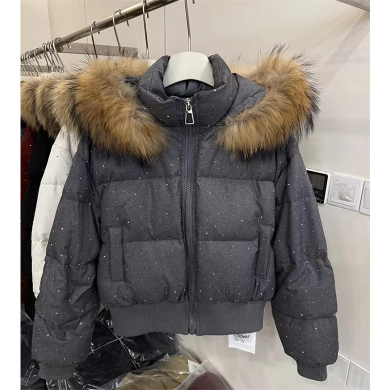 Winter Fur Collar Hooded Padded Short Coat Women Shiny Rhinestone Puffer Jacket Casual Zip Up Outerwear