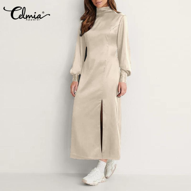 Celmia Spring Moda Femenina Seda Holiday Maxi Vestido Elegante Manga Larga  Tortuga Cuello Dividido Domo Sólido Casual Bodycon Vestidos Largos Plus  Size Vestidos comprar a buen precio — entrega gratuita, reseñas reales