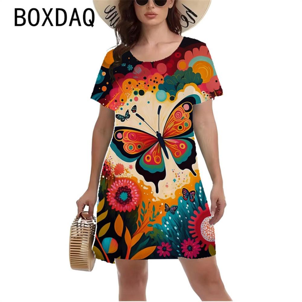 

Ladies Summer 3d Butterfly Color Printed Dress Ladies Short-sleeved O-neck Outdoor Casual Retro Elegant A-line Dress XL