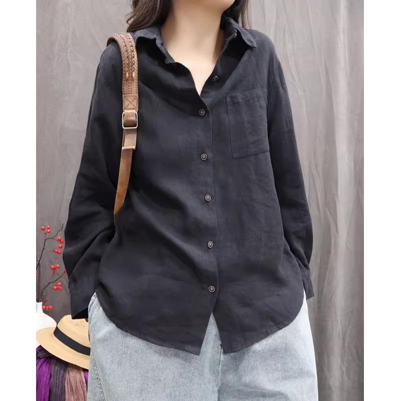 women's Vintage Washed Cotton Linen Loose Long Sleeve Shirt Casual Pocket Blouse Daily Wear Top