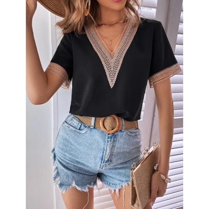 Summer new, women's V-neck lace casual solid color shirt