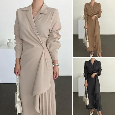Vestido elegante de mujer Solapa plisada Manga larga Color sólido Dobladillo asimétrico Negocio formal Longitud del tobillo Banquete de graduación Ocasión formal Vestido largo