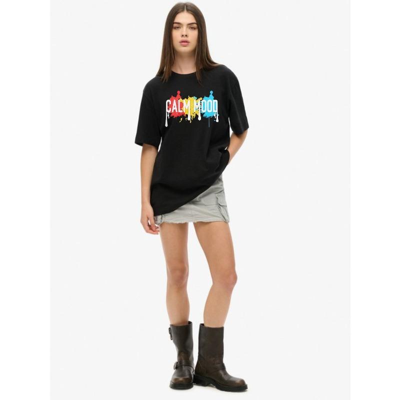 Calm Mood Oversized T Shirt Black Colorful Paint Splash Print For Casual Wear