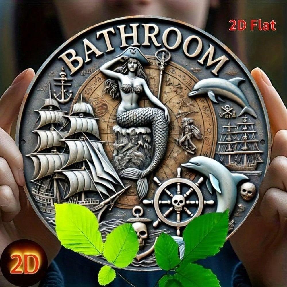 Metal Poster Pirate Ship Mermaid Wall Art 8x8 Inch Retro Tin Sign for Bar Bathroom