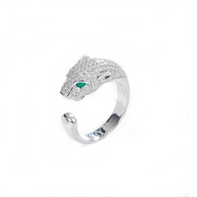European and American Leopard Head Ring Men's Niche High-end Opening Adjustable Hollow Green Jade Zircon