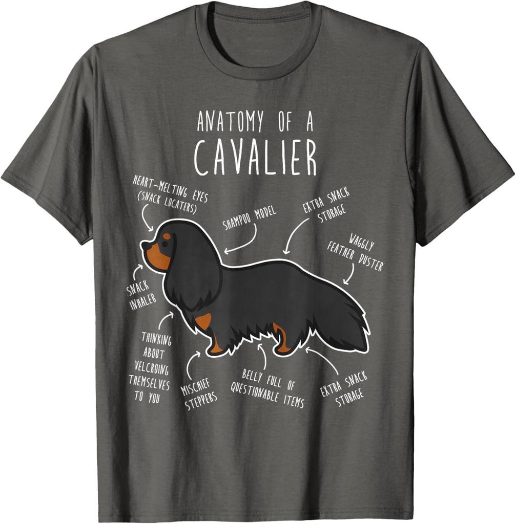 Anatomy of a Cavalier Funny Dog Breed Illustration Graphic Tee Soft Cotton Casual T-Shirt for Men Women