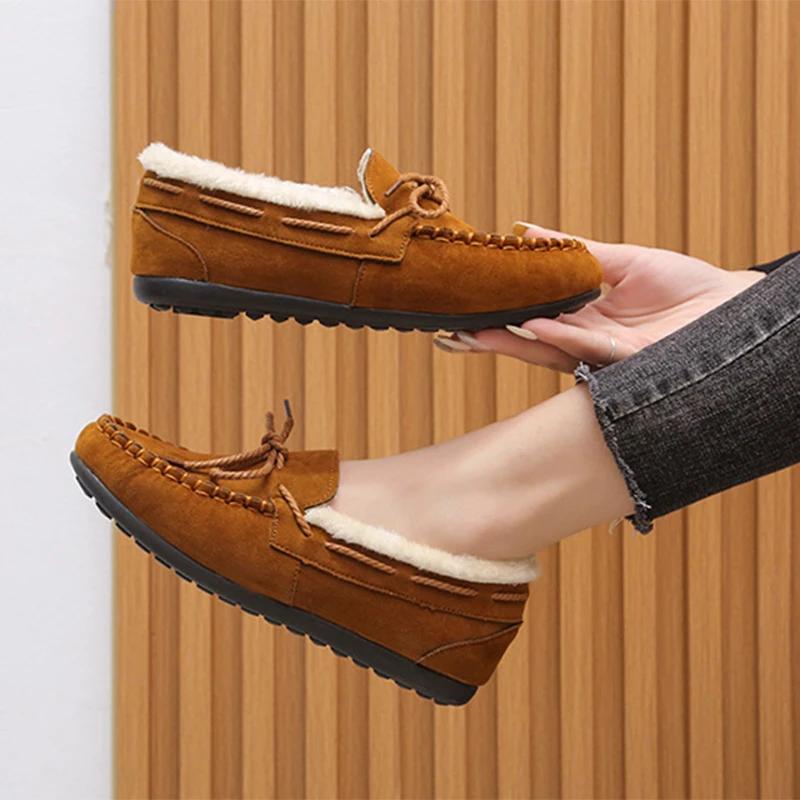 Winter Shoes Women Casual Flat Shoes Women's Moccasins Soft Loafers Fashion Comfort Warm Plush Bow Slip on Female Cotton Shoes