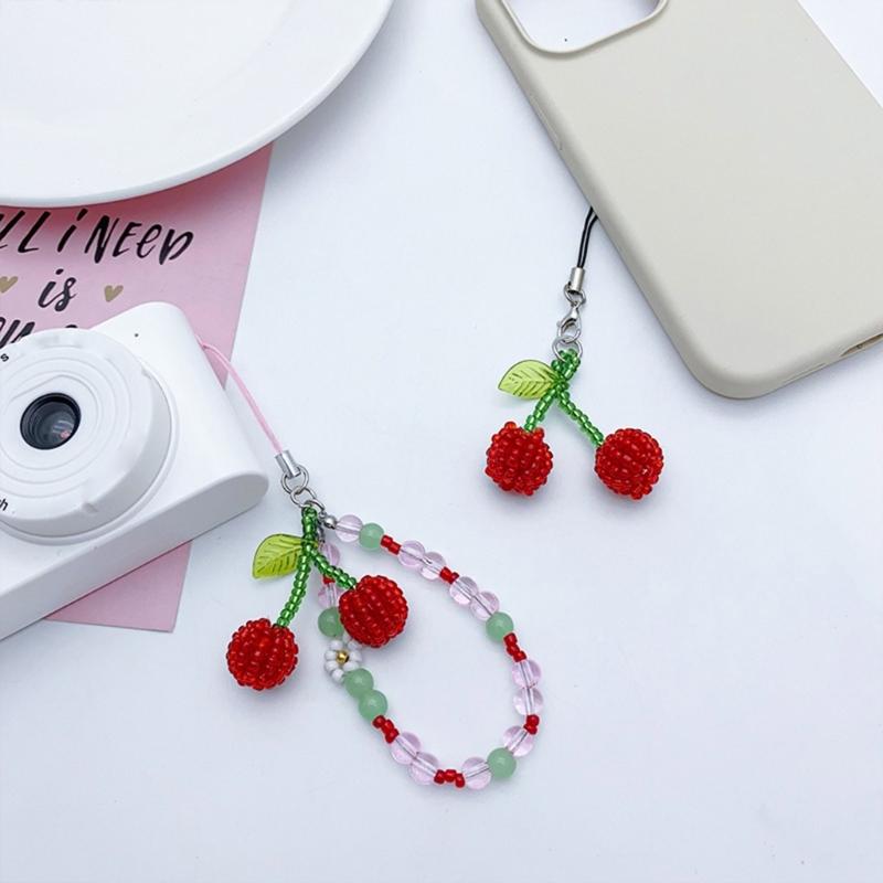 Fashion Beaded Cherry Phone Charm Straps Car Keys Hanging Pendants Y2K Style Bag Decoration Lanyard Purse Accessories