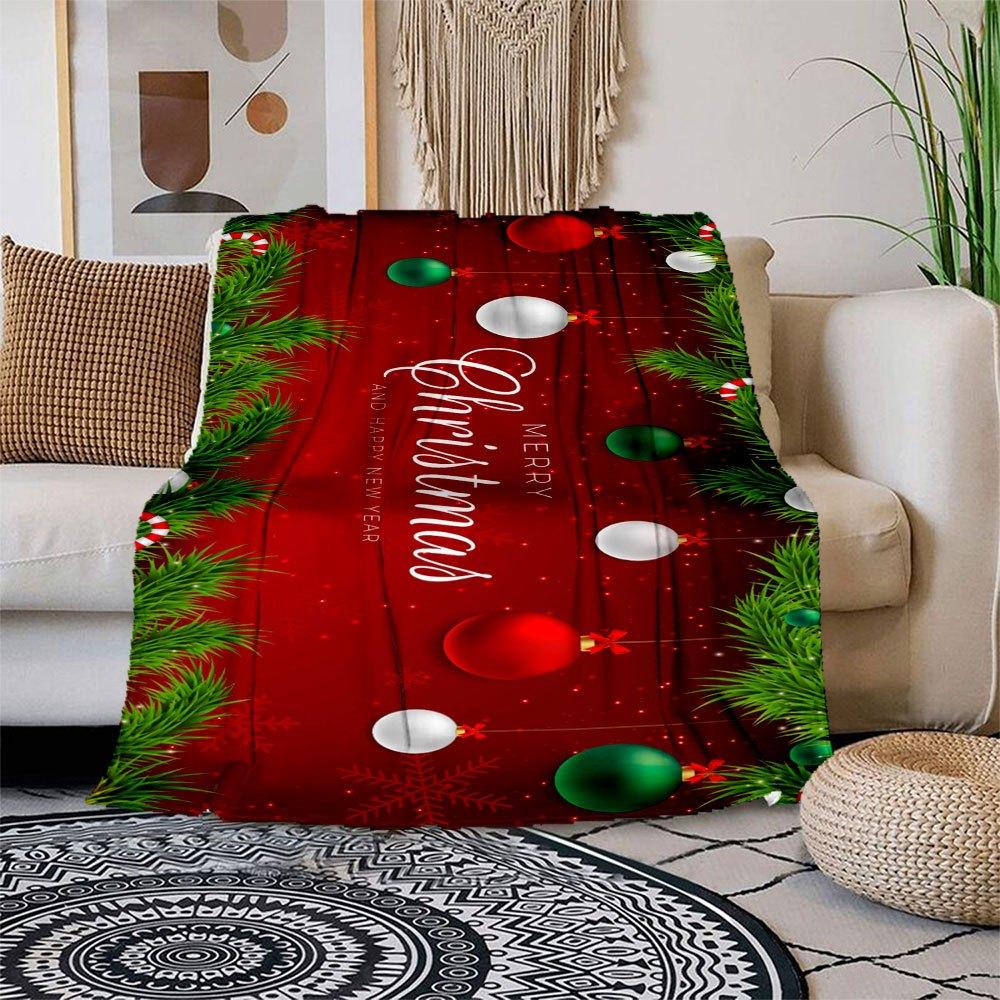 Christmas Decoration Ornament Balls Pine Branches Red Background Wall Art Print PosterBlanket Flannel Throw Blanket for Sofa, Bed, Travel, C 150x180cm