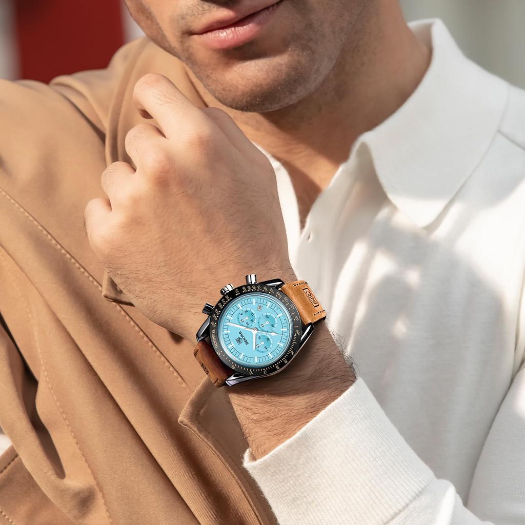 BY BENYAR Chronograph Analog 30M Water Leather Strap Quartz Brown and Perfect Gift for Men Men's Watch, Resistant, Simple, Stylish, Popular, Formal,