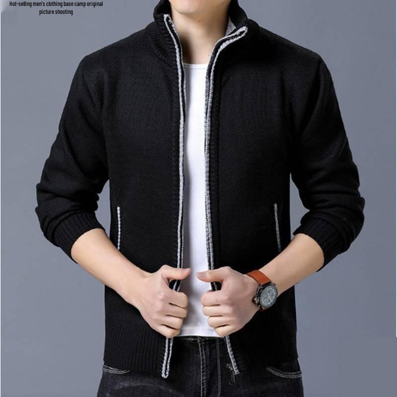 Herren Warmer Fleecegefütterter Strickjackenpullover mit Reißverschluss - Einfarbig, Stehkragen, Übergröße, Lässige Winterbekleidung.