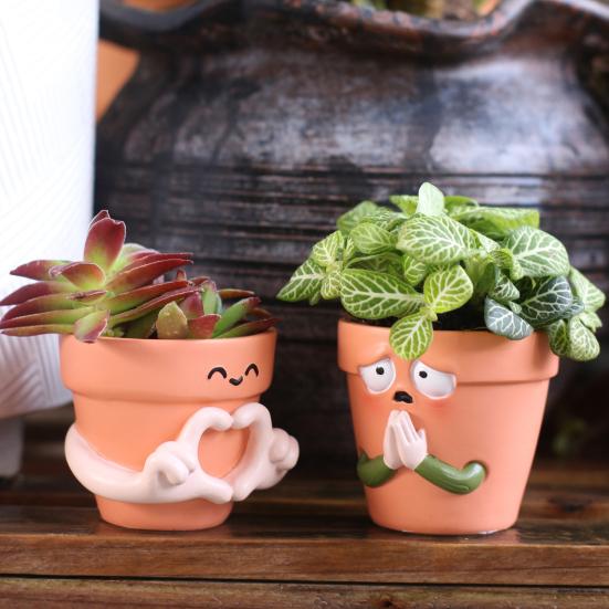 2Pcs Flowerpots Breathable Clay Texture Resin Mini Planter with 3D Relief Anthropomorphic Design Desktop Balcony Windowsill Decor