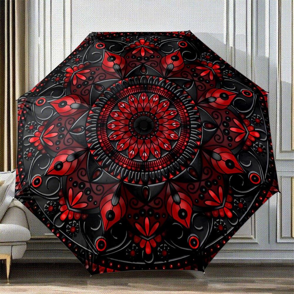

Automatic Folding Umbrella with Red & Black Mandala Floral Pattern - 8-Rib Compact Design, Portable Collapsible Umbrella with