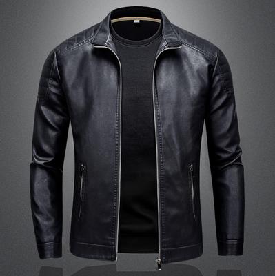 Men's Slim Fit Trendy Leather Motorcycle Jacket with Stand Collar and Plus Size Options