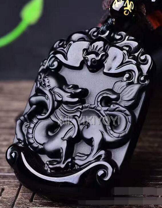 Naturalny Czarny Obsydian Rzeźbiony Chiński Starożytny Dwanaście Zwierząt Zodiaku Szczęśliwy Amulet Wisiorek Koraliki Naszyjnik Modny Prezent Biżuteria