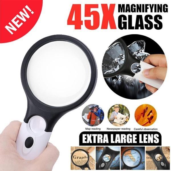 

Новая профессиональная лупа 45X 3X, ювелирная лупа со светодиодной подсветкой, ручная лупа Lupa для монет, марок, детей, пожилых людей, чтение