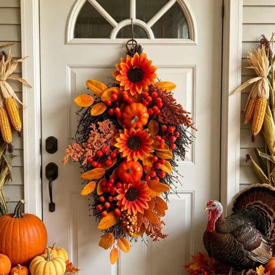 Reusable Autumn Harvest Ornament Fall Sunflower Swags Wreath, Maple Leaves And Berries Hanging Decor Artificial Wreath for Front Door Seasonal