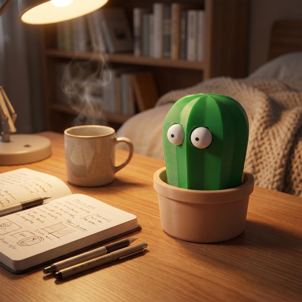 3D Printed Bulging Eye Cactus Statue Squeeze Toy Funny Desktop Ornament Novelty Stress Relief Figurine with Pot Base