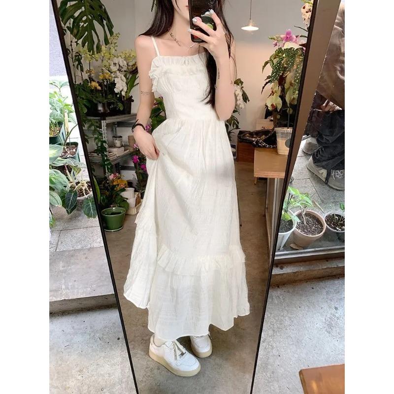 White Dress Women Sweet Ruffles Summer Sleeveless Princess Aesthetic A-line Sundress Holiday Leisure French Style Designed 2026