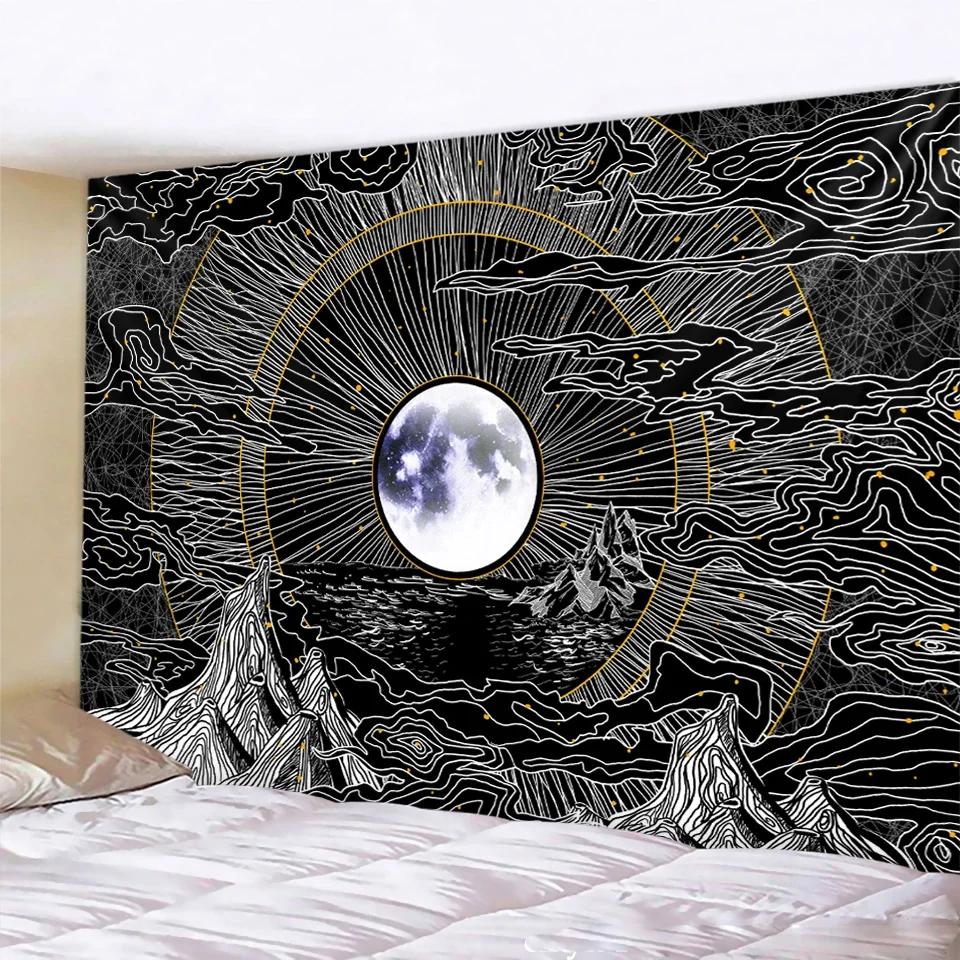 Black and White Moon Mandala Tapestry Bohemian Decoration Wall Hanging Bedroom Psychedelic Scene Starlight Art Home