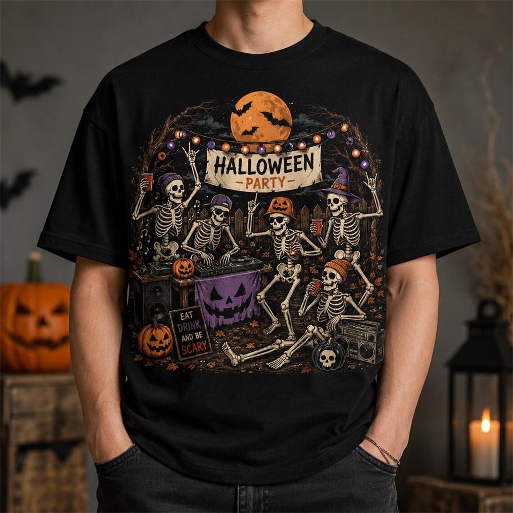 DJ Hip Hop Music And Skull Print Halloween T Shirts For Men Funny Party