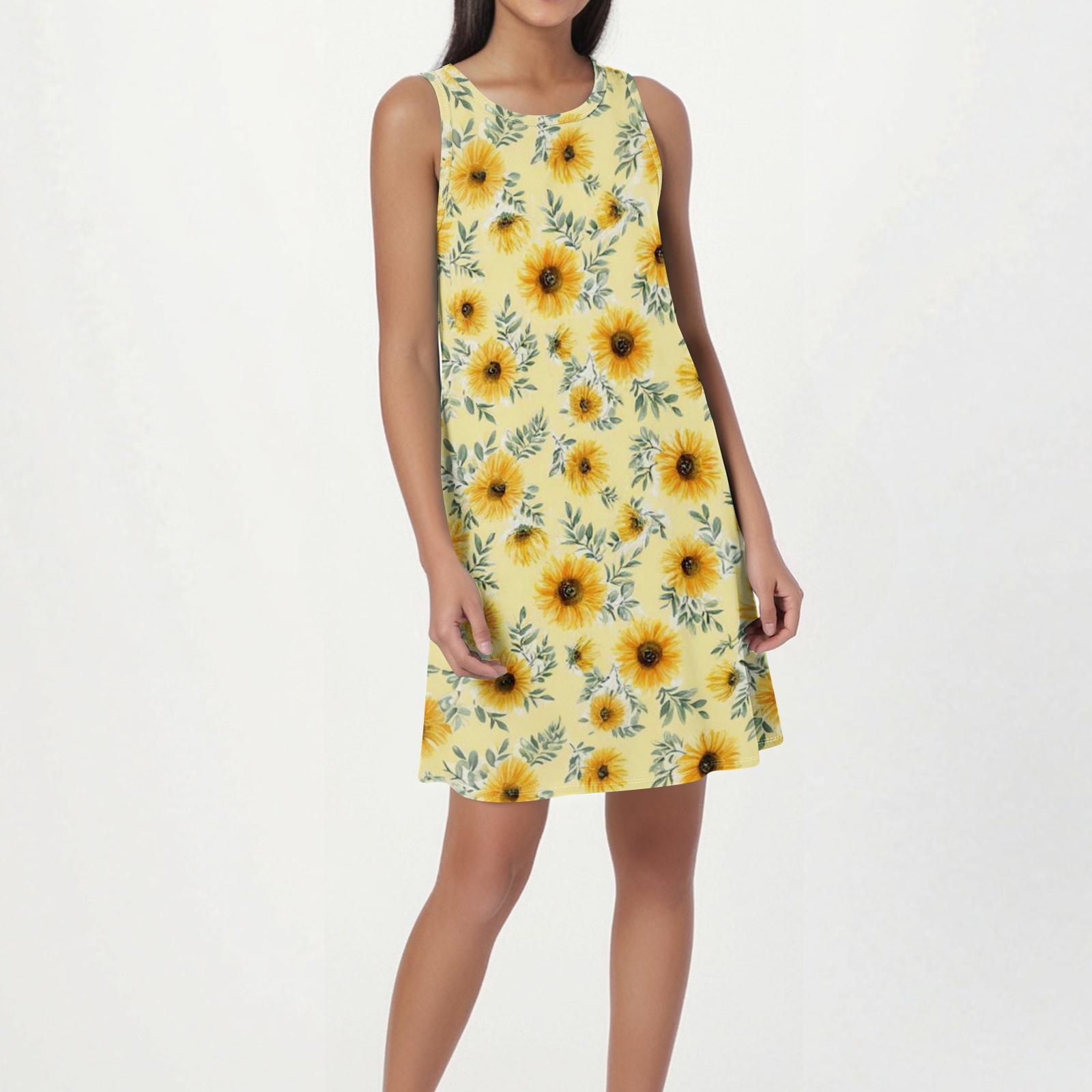 Women s Fashion Beach Dress Sleeveless Round Neck Floral Print Dress L