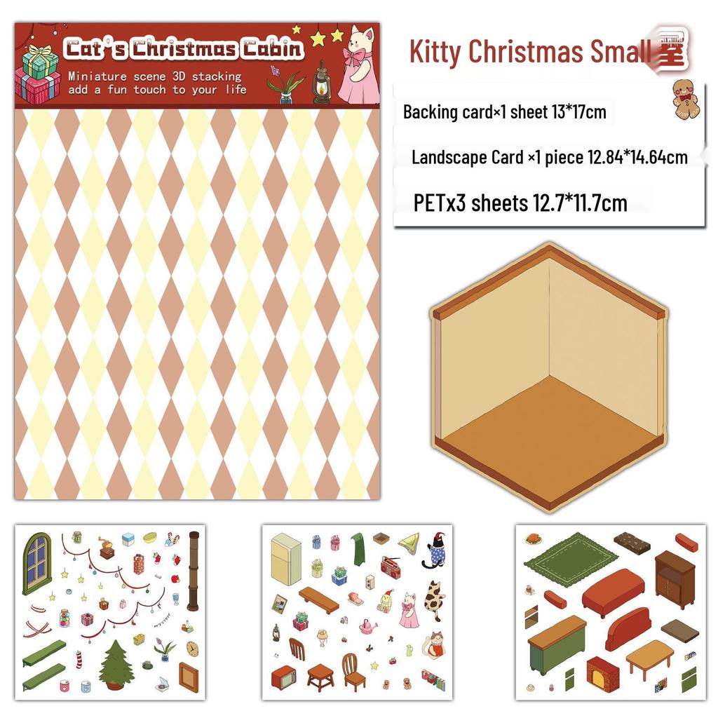 3D Christmas Cat Cabin Scenery Stickers - DIY Miniature Collage & Decompression Fun