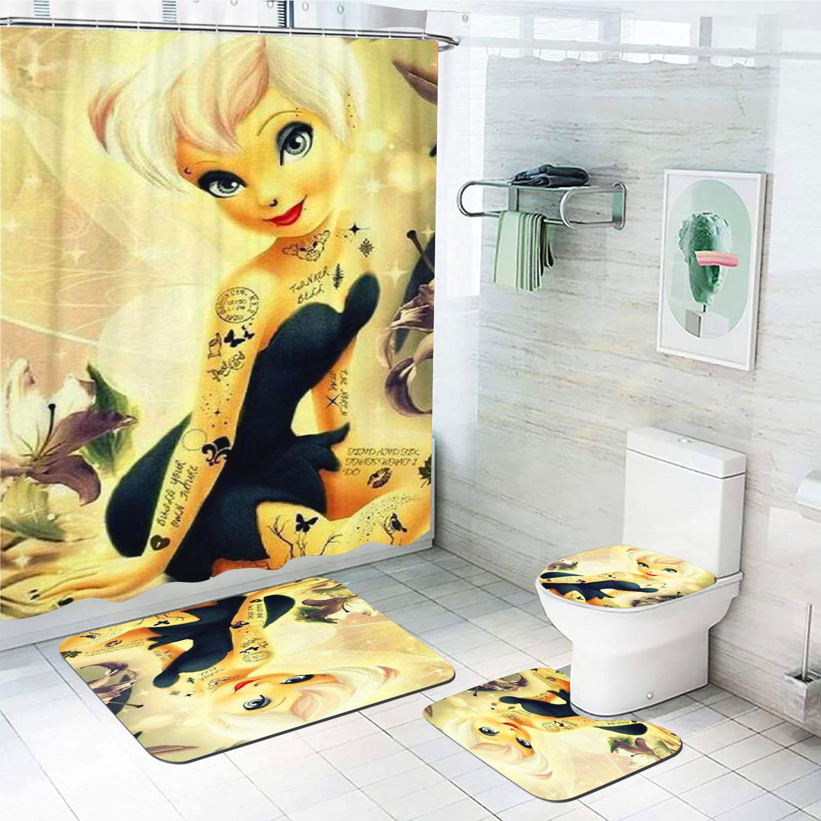 

Tinker Bell Bathroom Accessories Shower Curtain Anime 4 Piece Set Mats And Curtains For Living Room Decor Sets Luxury Cute 90x180cm
