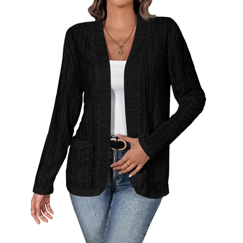 Damen-Strickjacke mit langen Ärmeln und Taschen, Farbe Elegant Lässig Offene Jacke für den Alltag