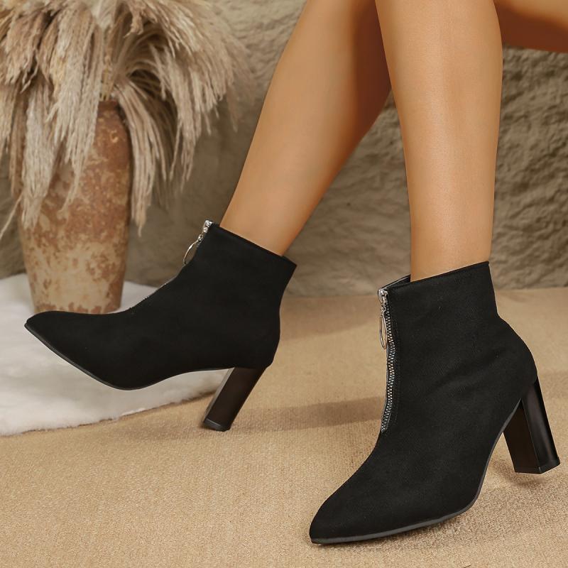 Fashion Brand Designe Metal Decoration Chelsea Boots Women 2025 Pointed Toe Square High Heel Riding Boots Fashion Black Suede Shoes
