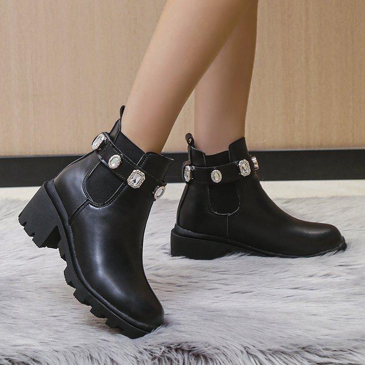 Autumn and Winter New Plus Size 35-43 Thick Heel Rhinestone Short Boots for Women Round Toe Low Cut Women's Boots