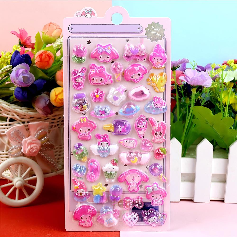 Cute Luminous Sanrio 3D Relief Stickers Kuromi Cinnamoroll My Melody Bubble Decals Cartoon Reward Decoration Sticker Toys