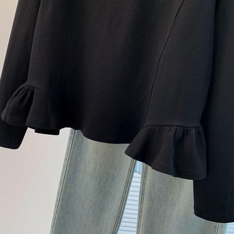 Top Subțire cu Mânecă Lungă, Volane și Gât Rotund, Mărimi Mari, Colecția Toamnă 2025